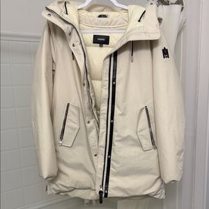 Cream Hooded Puffer Jacket with Black Trim
